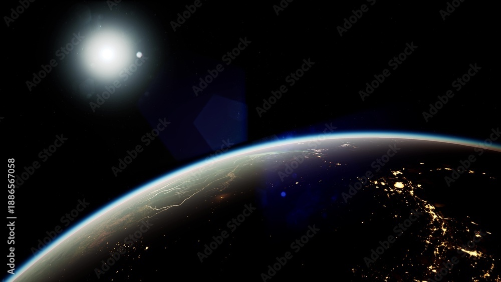 Fototapeta premium A stunning view captures Earth from space with glowing city lights visible at night. The bright sun radiates above, illuminating the planets curvature in a vast darkness.