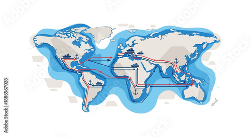 Global shipping routes map vector illustration with cargo ships