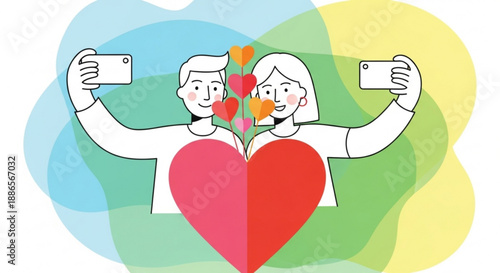 Couple taking selfie with heart and flowers in background