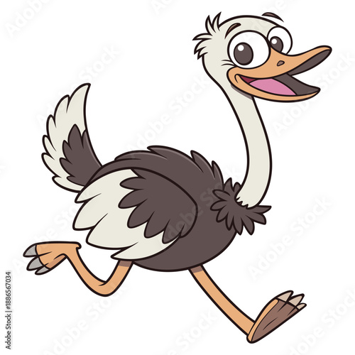 Cute cartoon ostrich in a running on white background