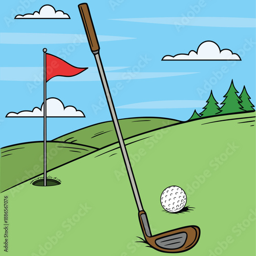 Golf equipment, golf hole and red golf pennant on white background