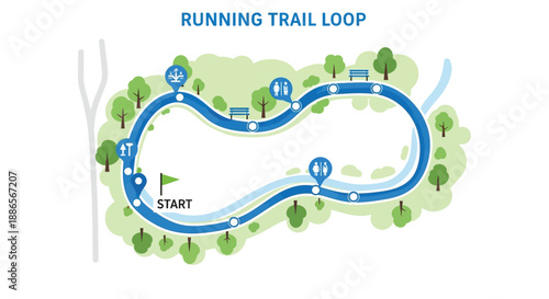 Park running trail loop map vector with jogging path and icons