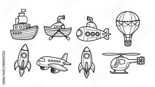 Vehicles Transportation Collection: A delightful illustration featuring an assortment of various transportations, promising adventure and exploration.