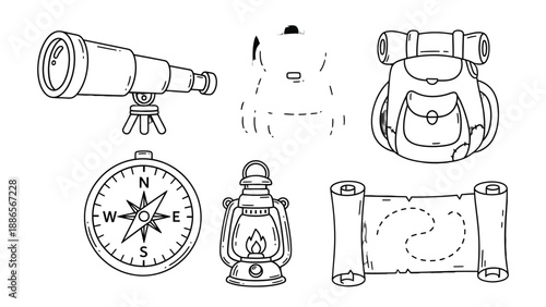 Adventure Essentials: Set of exploration tools, including a telescope, backpack, compass, lantern, and a rolled-up map, all meticulously drawn in stark, high-contrast monochrome.