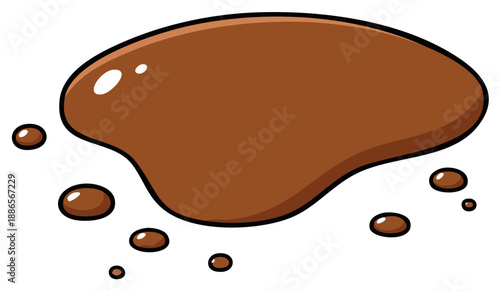 Cartoon brown puddle with droplets, stylized splash of liquid, isolated design element.