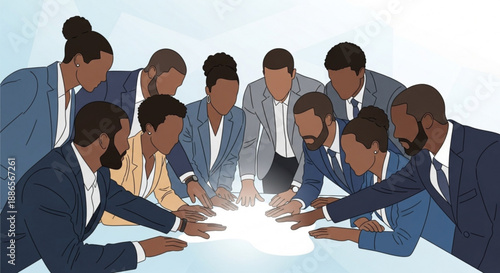 Diverse business professionals collaborating around table with central glowing light in modern office setting