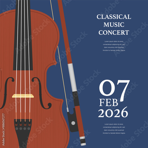 Minimal Classical Music Concert Poster with Violin and Bow on Blue Background