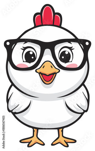 Cute cartoon chicken wearing large black framed glasses with rosy cheeks and an open beak