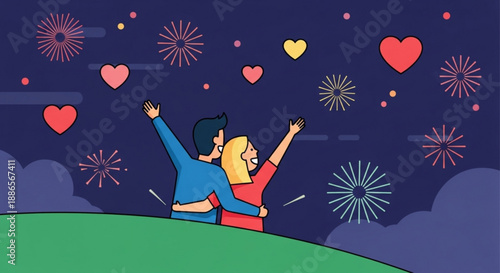 Loving couple celebrating romantic evening with fireworks and hearts