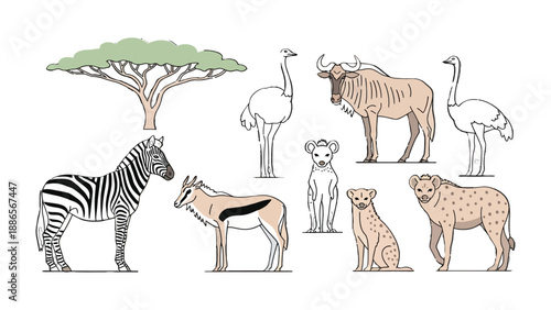 African Wildlife Line Art Collection: A collection of meticulously crafted line art illustrations showcasing the majestic creatures of the African savanna.