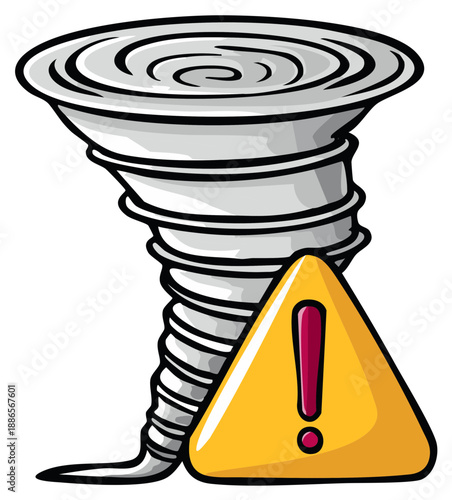 Severe weather alert cartoon with tornado and yellow danger warning sign