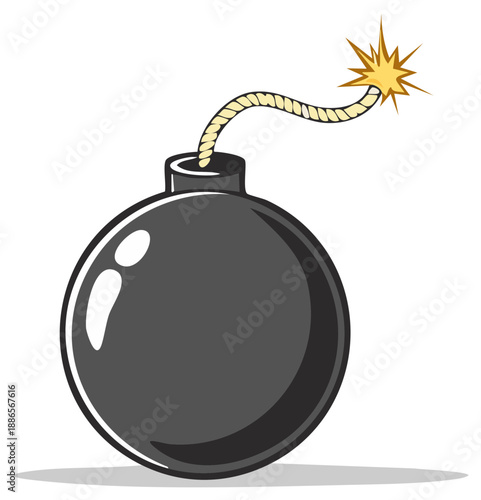 Cartoon bomb with lit fuse and explosion symbol, isolated design element.