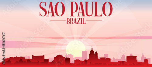 Red panoramic poster of the city skyline with misty background buildings, sunrise, moon and clouds of SAO PAULO, BRAZIL