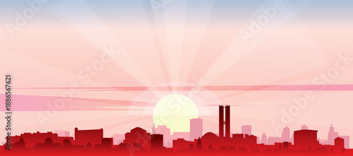Red panoramic poster of the city skyline with misty background buildings, sunrise, moon and clouds of BRASILIA, BRAZIL