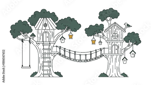 Whimsical Treehouse Illustration: Two charming treehouses connected by a bridge, nestled amongst lush trees, invite imagination and playful exploration.