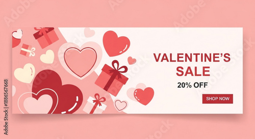 Valentine's day sale banner with hearts and gifts on pink background
