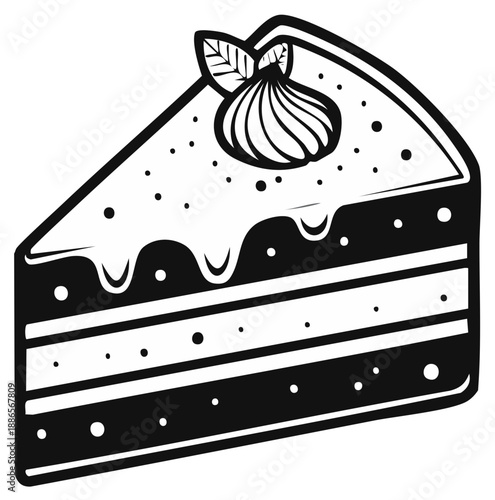 Slice of delicious chocolate cake with whipped cream and mint leaf festive dessert