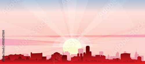 Red panoramic poster of the city skyline with misty background buildings, sunrise, moon and clouds of RIO DE JANEIRO, BRAZIL