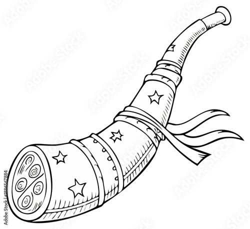 Festive Party Favor: Outline Drawing of New Year's Eve Noise Maker with Ribbon and Stars