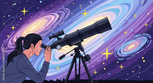 Woman uses telescope to observe vibrant galaxies and stars at night