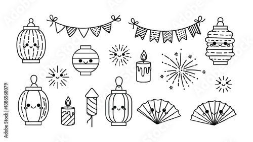 Festive Celebration Elements: A collection of charming, line-art illustrations, including lanterns, celebratory bunting, firework bursts, candles, and hand fans, conveying a sense of joy and occasion.
