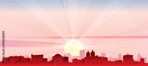 Red panoramic poster of the city skyline with misty background buildings, sunrise, moon and clouds of SALVADOR, BRAZIL