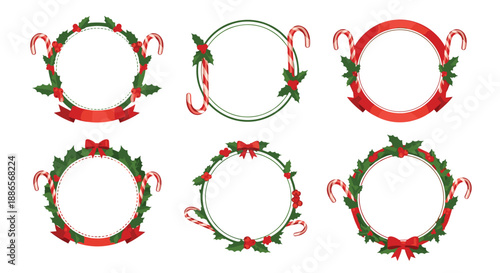 Assortment of six circular Christmas frames adorned with candy canes, holly leaves, red berries, and festive red bows on white.