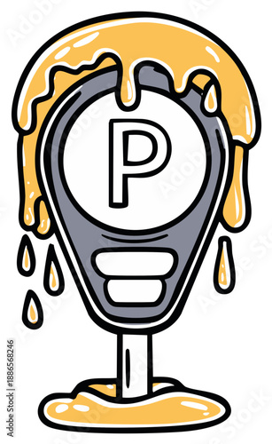 Cartoon illustration of a melting parking meter with a dripping liquid effect, graphic design
