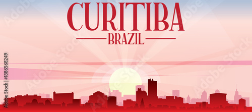Red panoramic poster of the city skyline with misty background buildings, sunrise, moon and clouds of CURITIBA, BRAZIL