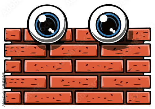 Cartoon brick wall with animated eyes looking, creative illustration