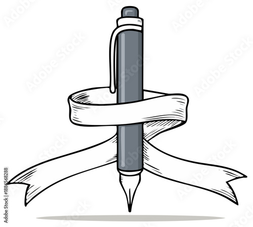 Cartoon vector illustration of a gray pen wrapped with a blank white ribbon banner, ideal for text