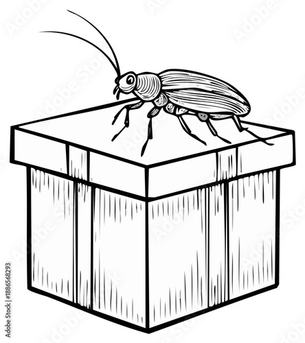 Line Art Cockroach Insect Crawling on a Box Delivery Package for Humor или Children Coloring Book