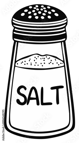 Illustration of a salt shaker with the word SALT written on it, food seasoning, and kitchen ingredient.