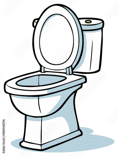 Cartoon illustration of a white toilet bowl with the lid open, isolated
