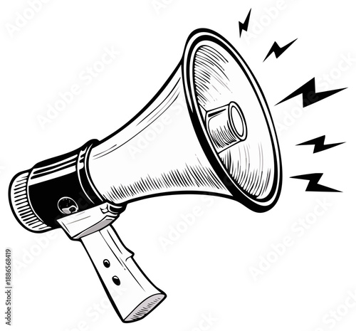 Stylized Loudspeaker: Black and White Graphic Illustration of Megaphone with Sound Waves