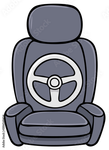 Illustration of Gray Car Seat with White Steering Wheel Icon, Auto Interior Concept