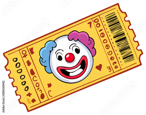 Cartoon Clown Face on Circus Ticket with Barcode and Playing Card Symbols