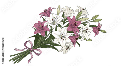 Elegant bouquet of white and dark pink lily flowers tied with a light pink ribbon bow on a clean white background.