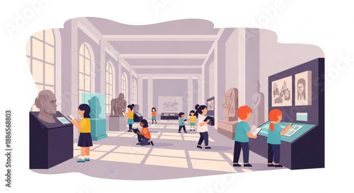 Visitors exploring art and exhibits in a modern museum or gallery with natural light