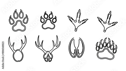 Animal Tracks Icon Set: a collection of carefully illustrated animal tracks, providing a detailed visual resource for nature enthusiasts and designers.