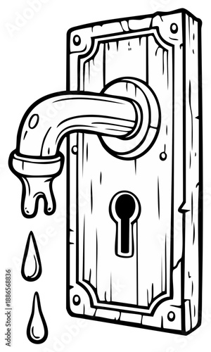 Creepy doorknob cartoon illustration with water dripping and spooky design ideal for Halloween-themed projects