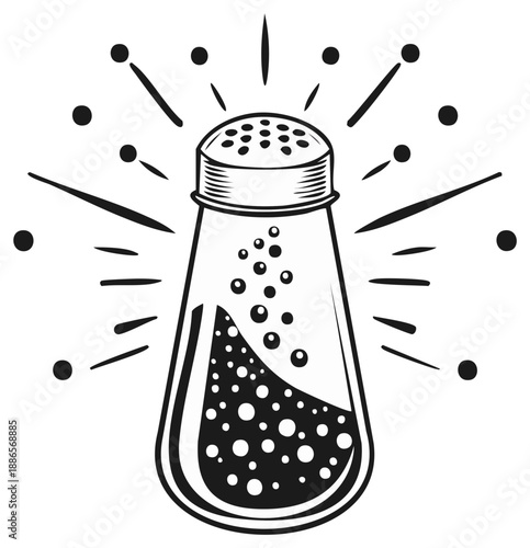 Stylized illustration of a classic glass salt shaker with sparkling lines and dots emanating outward