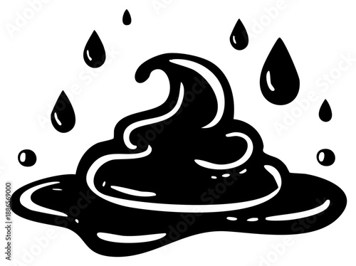 Blob of black liquid with drops and swirls. Minimalist hand-drawn ink spot with drips of oily material, stain, pollution, and contamination.