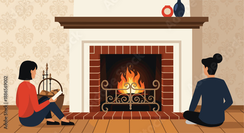 Two women enjoy a peaceful evening sitting by a warm fireplace in a cozy living room with vintage wallpaper and elegant decor.
