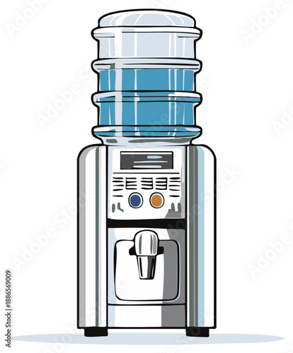 Illustration of a water cooler machine with a full water bottle on top, vector