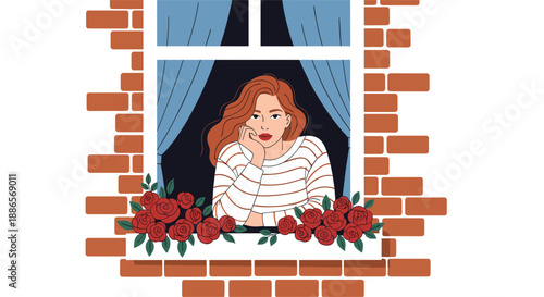Thoughtful woman with long red hair gazes out from a window framed by brick walls and blooming red roses in a flower box.