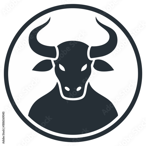 Stylized bull silhouette within a circle, design element.