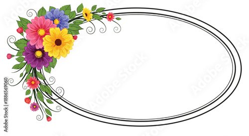 Elegant oval frame decorated with a vibrant bouquet of multicolored flowers including yellow, pink, and purple dahlias on a white background.