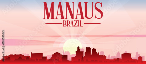 Red panoramic poster of the city skyline with misty background buildings, sunrise, moon and clouds of MANAUS, BRAZIL