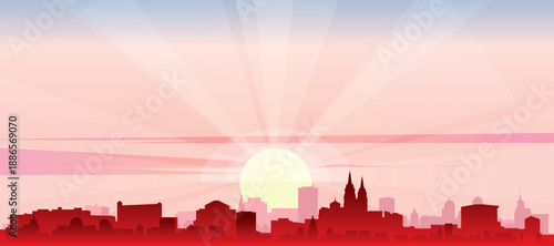 Red panoramic poster of the city skyline with misty background buildings, sunrise, moon and clouds of FORTALEZA, BRAZIL